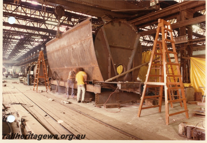 P03827
1 of 7 images of XE class wagons, under construction, Midland Workshops, two workmen, side and end view
