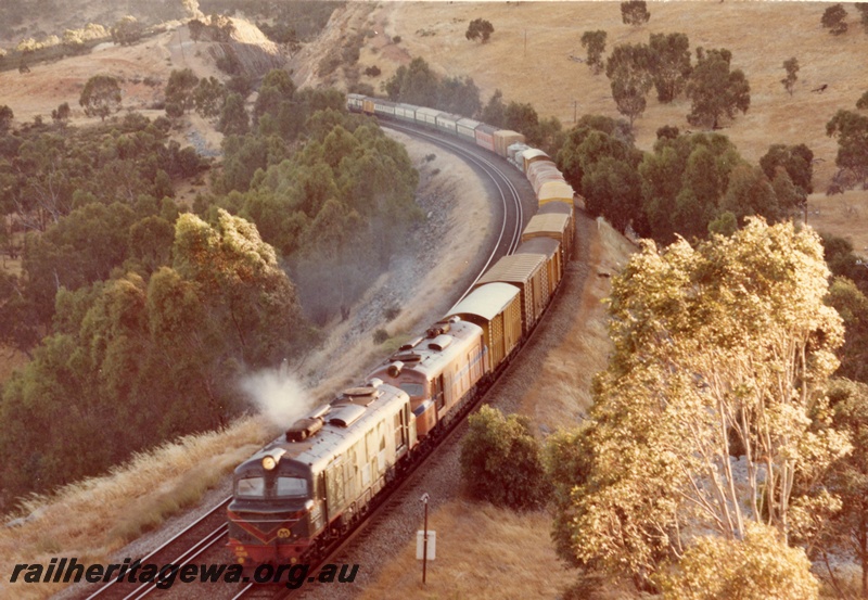 P03835
Two XA class diesels, one green with red and yellow stripe, the other Westrail orange with blue and white stripe, double heading the 