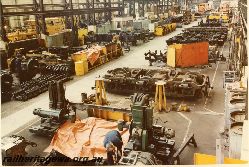 P03847
Fitting shop, block 3, Midland Workshops, Bogie repair section, elevated view along the workshop.
