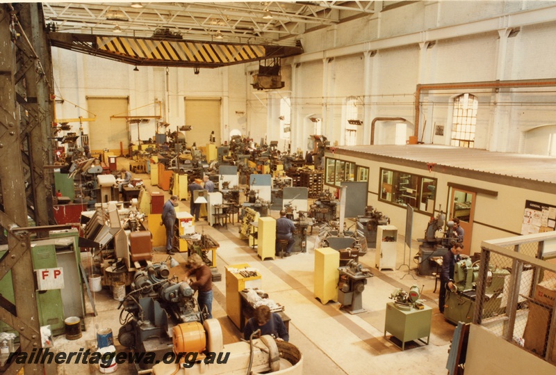 P03850
1 of 2. Tool room, block 3 Midland Workshops, overhead view with Foreman's office right side of pic.
