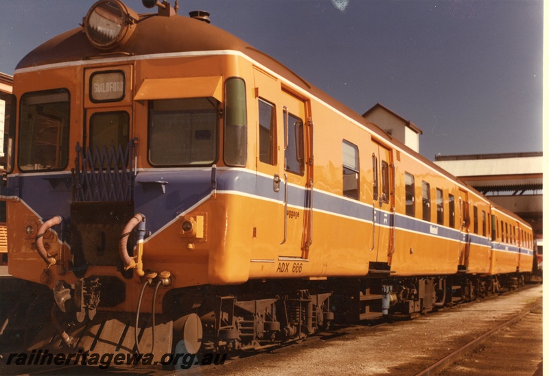 P03859
ADX class 666 Perth station. Front and side view. 
