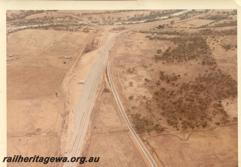 P03986
Aerial view of Toodyay yard, showing junction of the Miling line and Avon River bridge, Avon Valley line.
