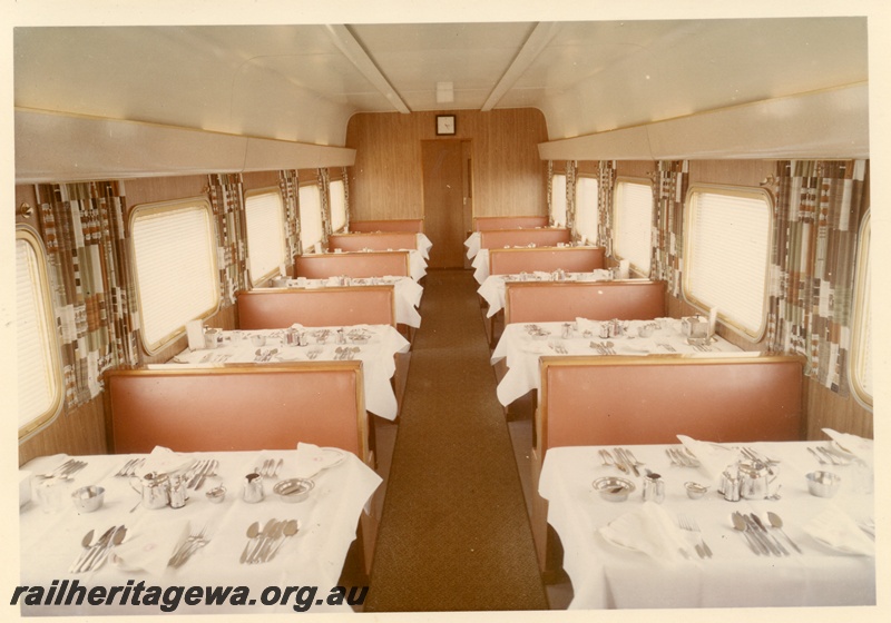 P04007
Interior view, dining car, standard gauge, tables set for meal
