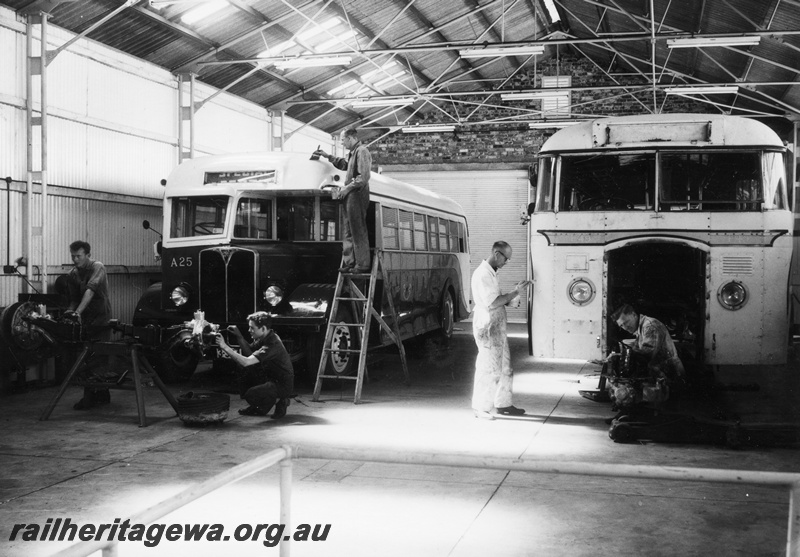 P04071
Railway buses, under repair in workshops
