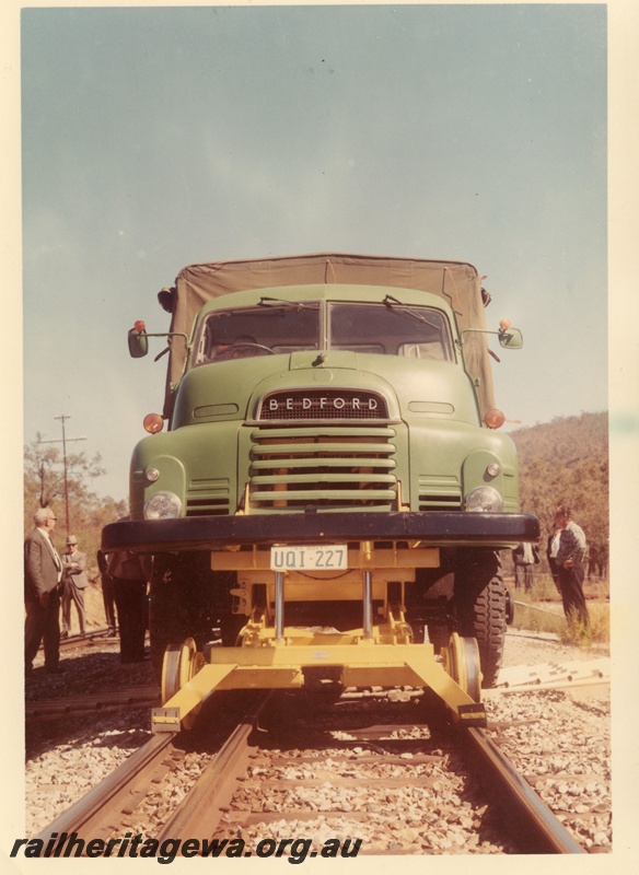 P04144
Standard gauge Hi-Rail Bedford truck, front view.
