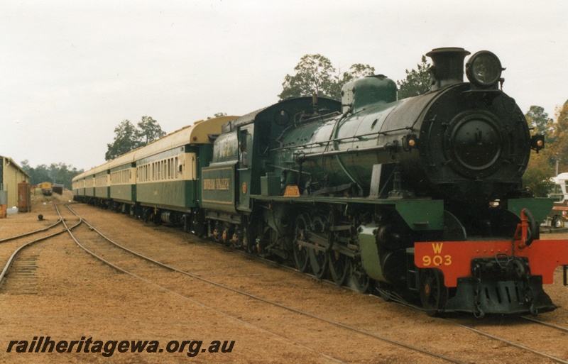 P04243
W class 903, on Hotham Valley Railway train of imported South African carriages, Dwellingup, PN line, about to depart on first trip to Pinjarra with imported carriages
