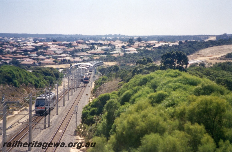 P04257
Currambine Station in middle distance, EMUs in the foreground, earthworks to Clarkson in middle distance right, extension of Joondalup line, NSR line
