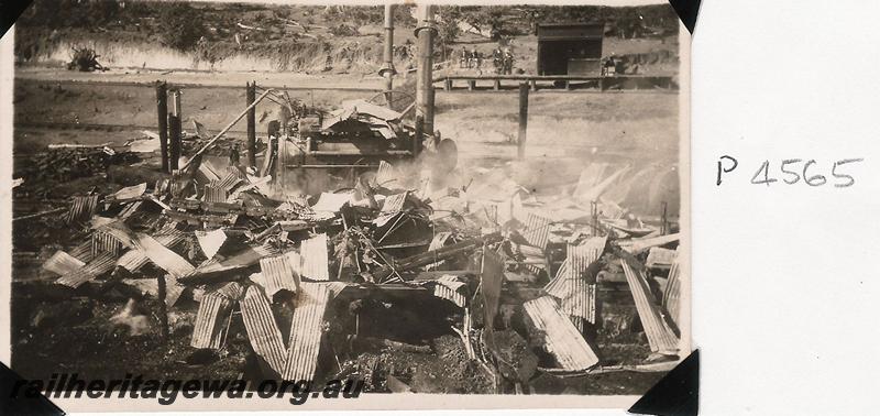 P04565
Burnt remains of No.2 Mill at Jarrahdale with loading platform in the background
