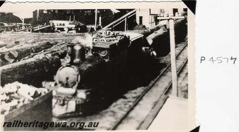 P04577
Millars G class type loco hauling a train of logs into the mill at Jarrahdale, an elevated overall  view of the mill
