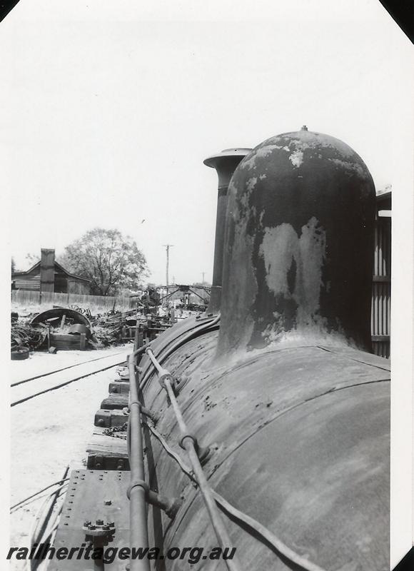 P04605
Millars loco No.72 at Yarloop, view along the top of the boiler.
