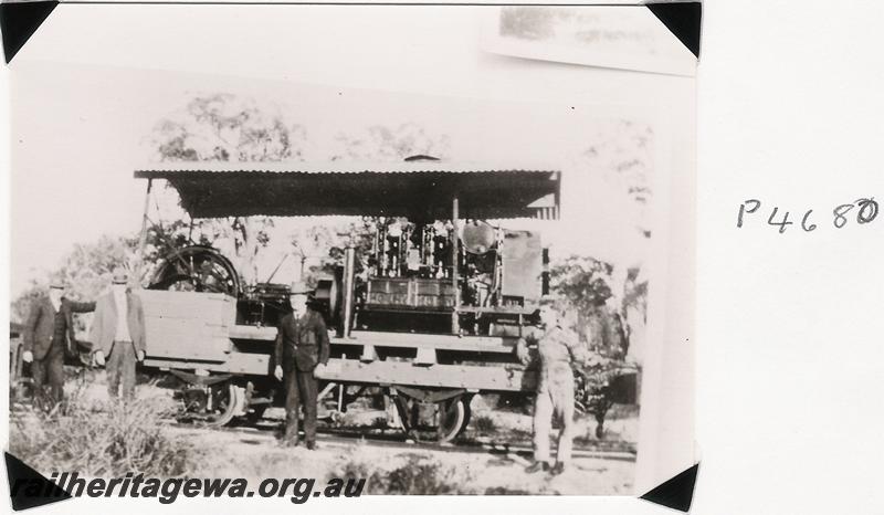 P04680
Millars experimental diesel loco being an engine of Holt tractor mounted on a 4 wheel wagon, see 