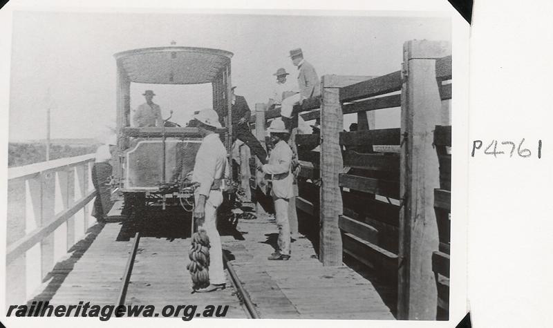 P04761
Horse drawn rail vehicle, Derby jetty tramway, head on view, on jetty
