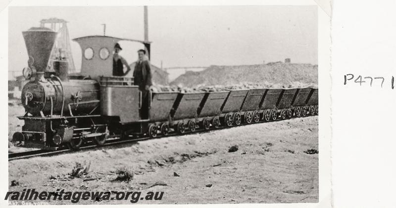 P04771
Orenstein & Koppel 2 foot gauge loco at the Cosmopolitan Gold Mine at Kookynie. hauling loaded skips, c1902
