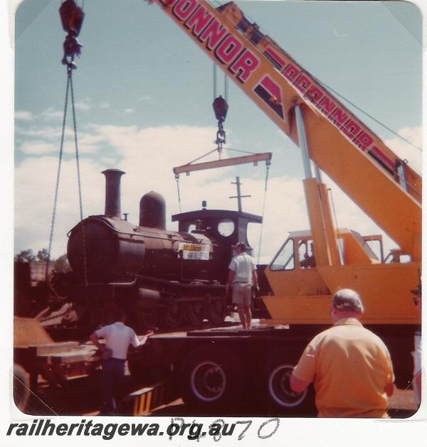 P04870
Millars loco No.71 arriving by truck at Pinjarra for restoration by the Hotham Valley Railway
