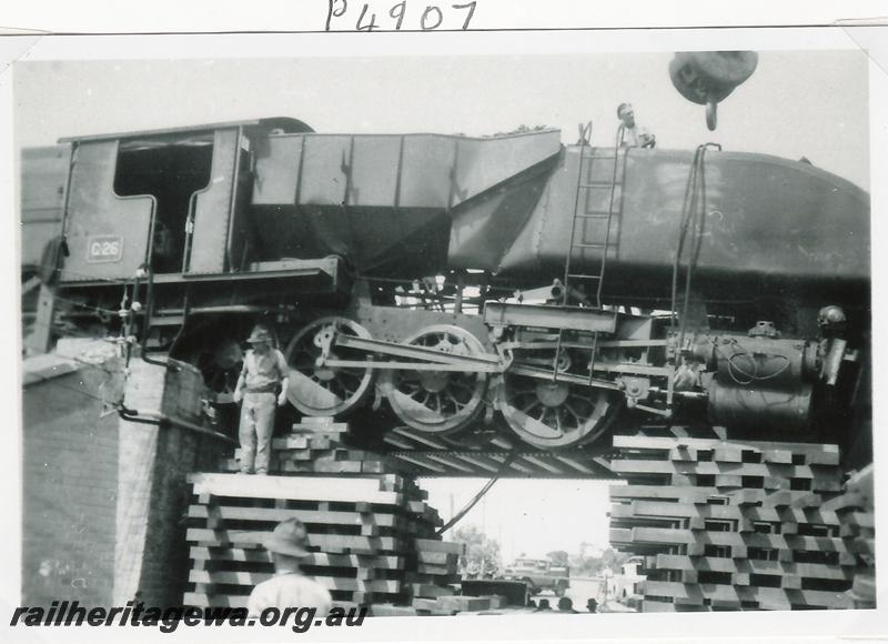 P04907
ASG class 26 Garratt, subway Stirling Road, Claremont, derailed and hanging over the roadway, lifting rear tank
