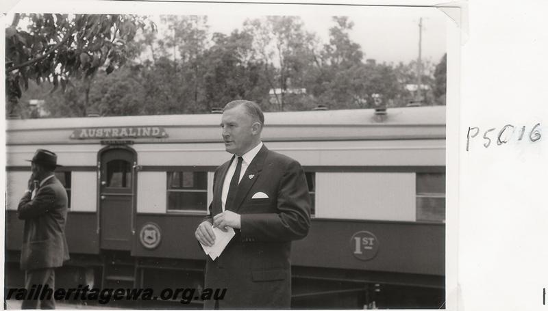 P05016
Mr Charles Court, Minister for Railways, possibly on the day of the inauguration of the Standard Gauge construction
