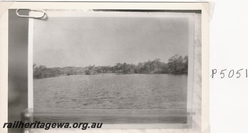 P05051
Flooded track, Shaw River?, Port Hedland to Marble Bar Railway, PM line, copy photo
