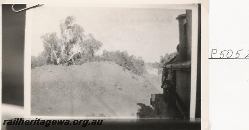 P05052
Train about to cross flooded track, Shaw River?, Port Hedland to Marble Bar Railway, PM line, copy photo
