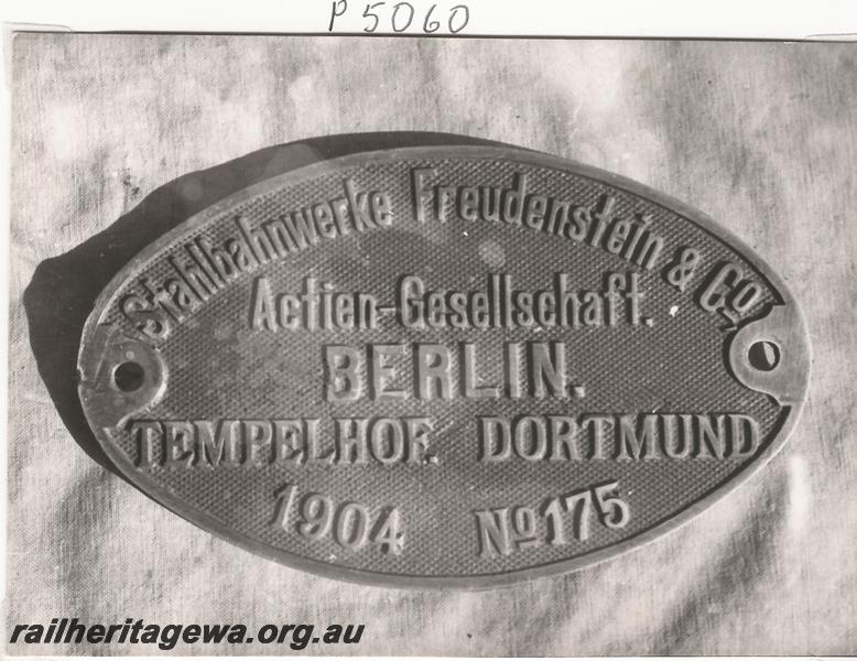 P05060
Makers plate, (builders plate) Freudenstein & Co, Barrier Reef Gold mine, Kalgoorlie
