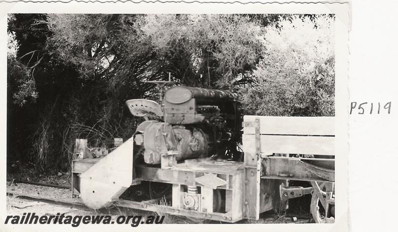 P05119
Rottnest Island Railway locomotive, a tractor engine mounted transversely on a chassis, used on the Army railway.
