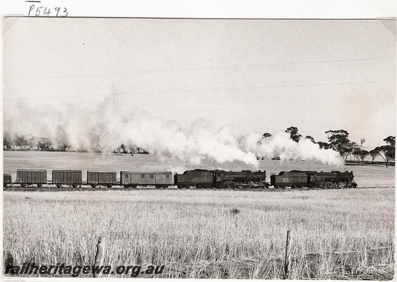 P05493
Double headed V classes, descending Cuballing Bank en route to Brookton, GSR line, goods train.
