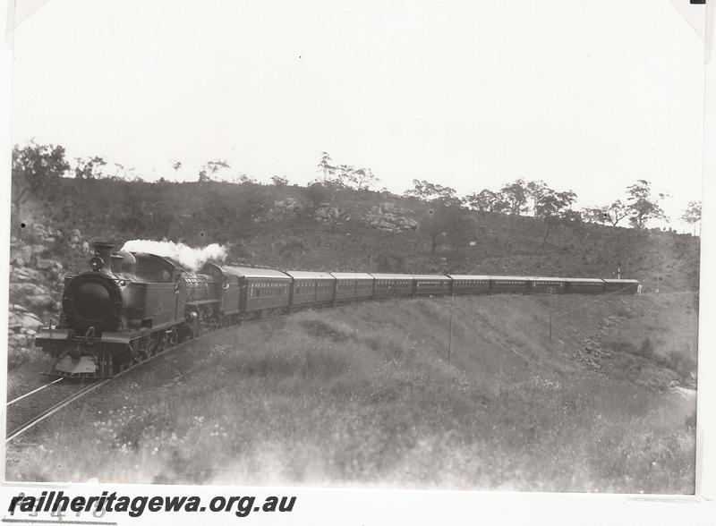 P05498
P class loco  being banked by a D class loco hauling the Royal Train carrying the Duke of Gloucester near Swan View, view along the train
