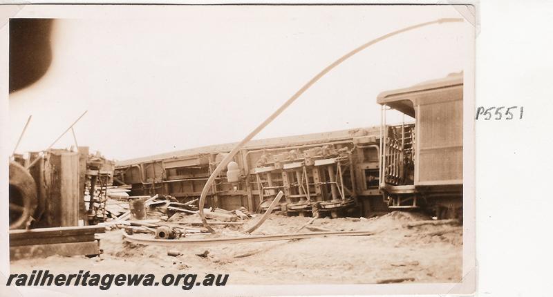 P05551
Korrelocking derailment, GM line, a youth riding in wagon with boiler, at left, was killed in the derailment
