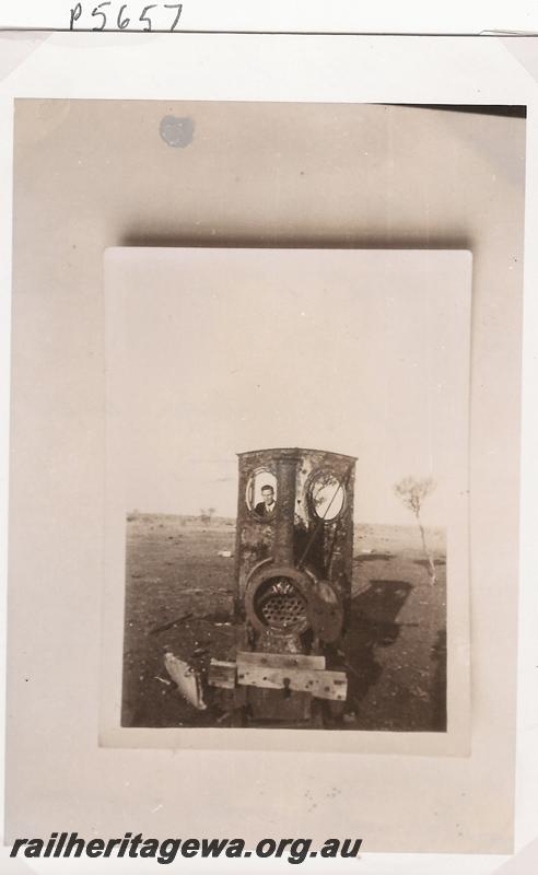 P05657
Krauss loco, Lancefield near Gwalia, head on view, derelict
