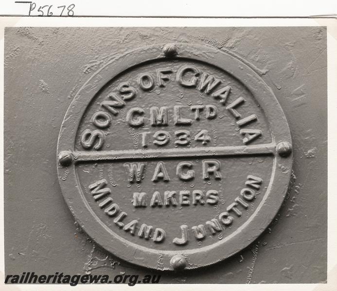 P05678
Makers plate (builders plate) Sons of Gwalia Mine loco 