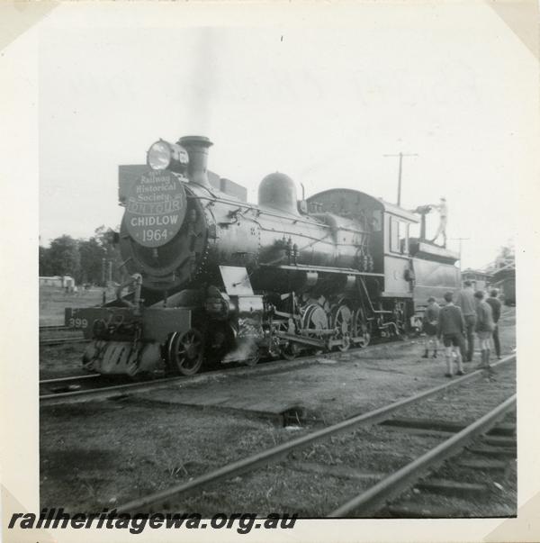 P05761
FS class 399, Chidlow, front and side view, taking water, ARHS tour train, ER line
