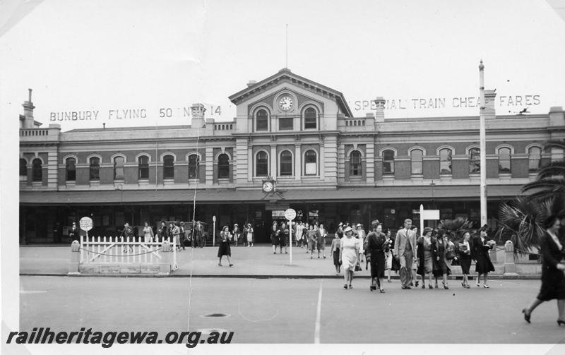 P05796
Perth Station street side, looking direct at entrance, signs advertising 