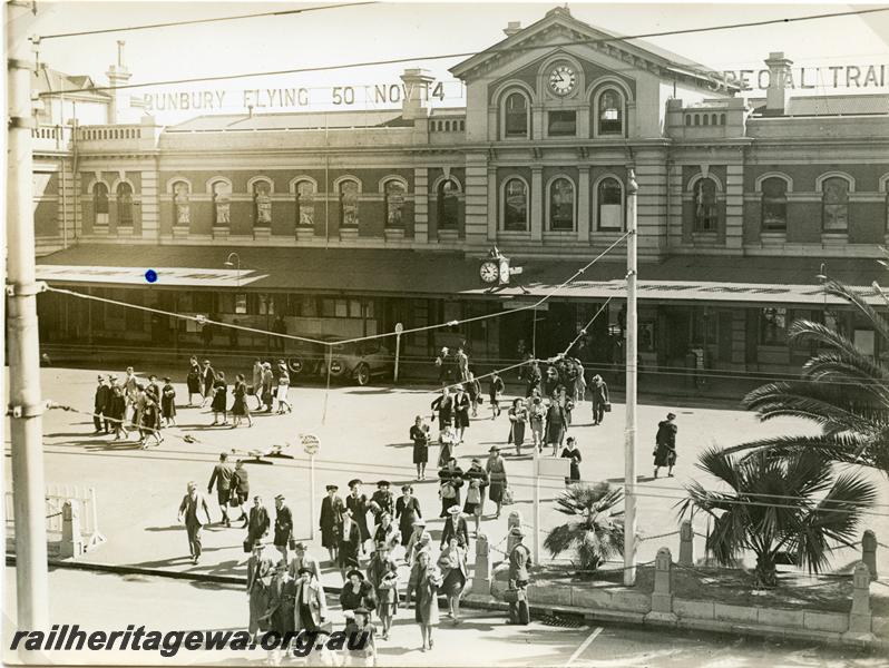 P05797
Perth Station street side, looking direct at entrance, signs advertising 