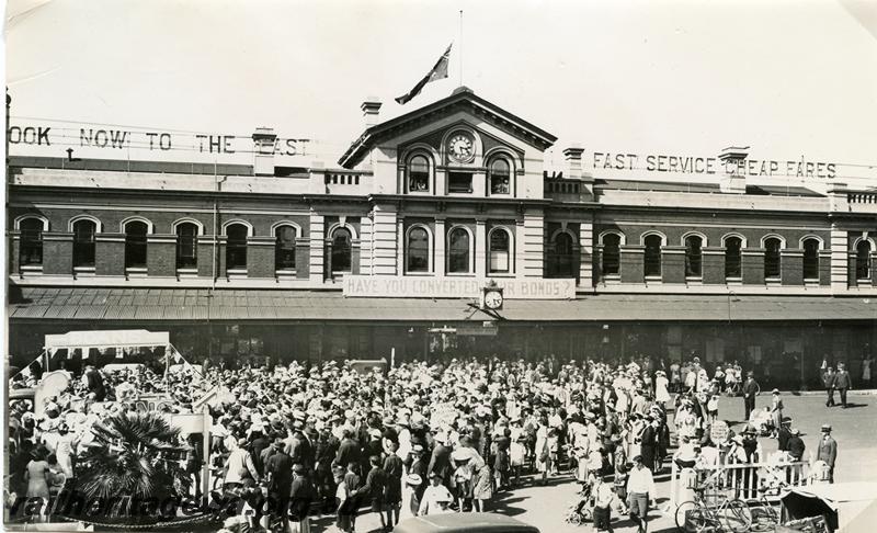 P05799
Perth Station street side, looking direct at entrance, signs advertising 