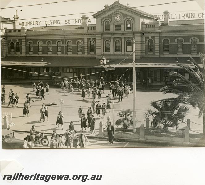 P05800
Perth Station street side, looking direct at entrance, signs advertising 