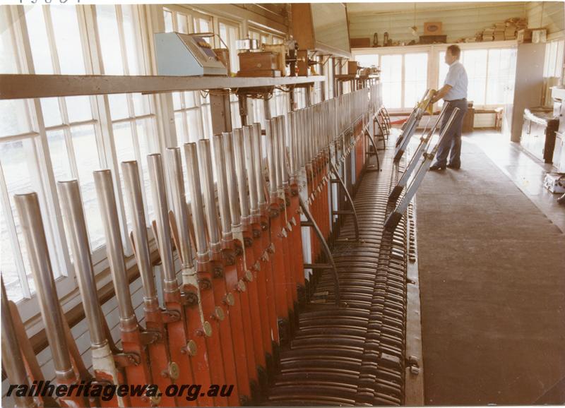 P05809
Signal box, interior view showing signalman, levers and apparatus, Perth Box B
