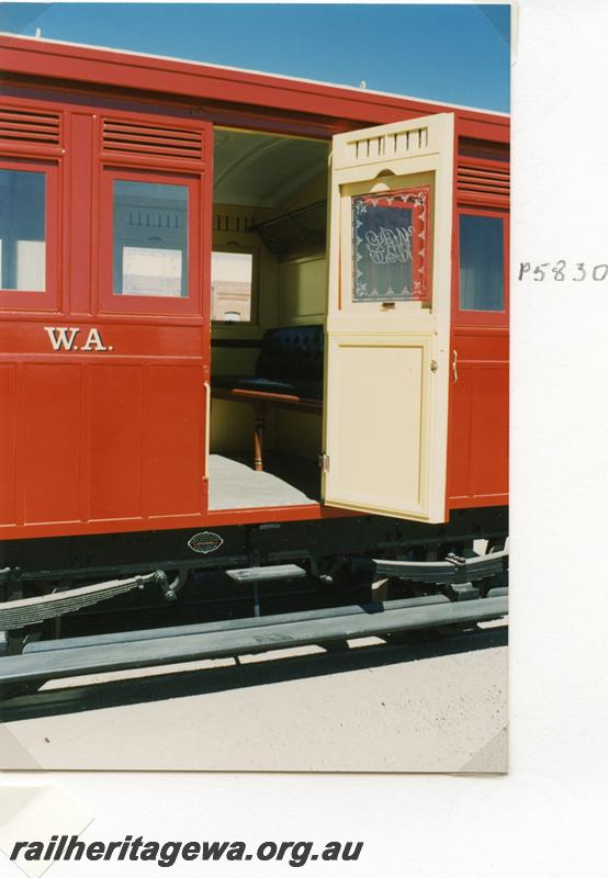 P05830
AI class 258, 4 wheeled carriage, Midland Workshops, recently restored, section of side showing First class compartment with door open.
