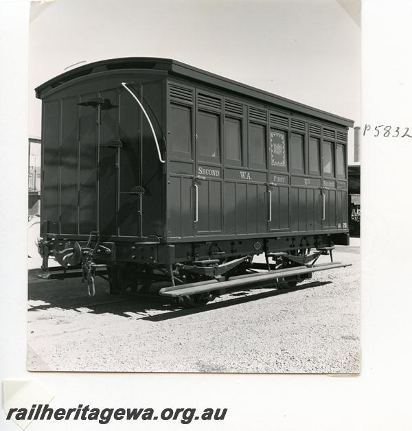 P05832
AI class 258, 4 wheeled carriage, Midland Workshops, recently restored, end and side view.
