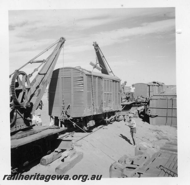 P06044
FD class van being lifted to be re railed at derailment between Austin and Moyagee, NR line
