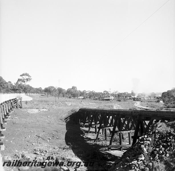 P06115
Trestle bridge, Clackline, CM line, M class Garratt in station in background
