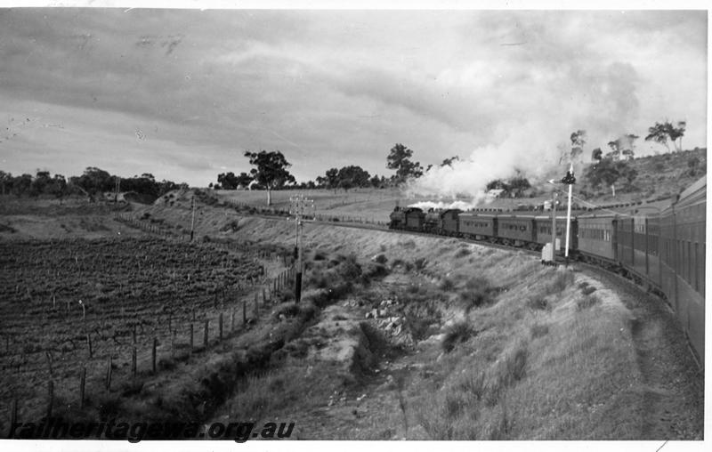 P06237
No.83 passenger train, near Swan View, ER line, view from carriage looking forward to loco
