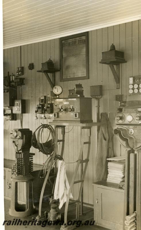 P06268
Signal box, East Perth, interior view of signalling equipment, miniature electric staff instrument, large electric staff instrument
