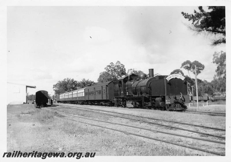 P06359
MSA class 499 Garratt loco, 4th class  goods shed, Dwellingup, PN line, ARHS tour train, ready to depart.
