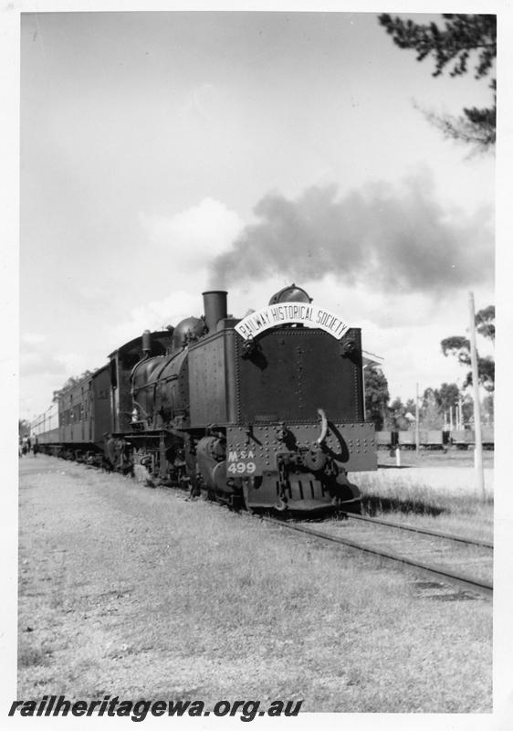 P06361
MSA class 499 Garratt loco, Dwellingup, PN line, ARHS tour train, ready to depart, front on view.
