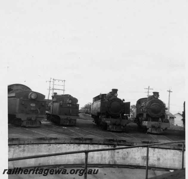 P06374
FS class 422, G class 117, DD class 592, PMR class 735, around turntable, Bunbury Loco depot
