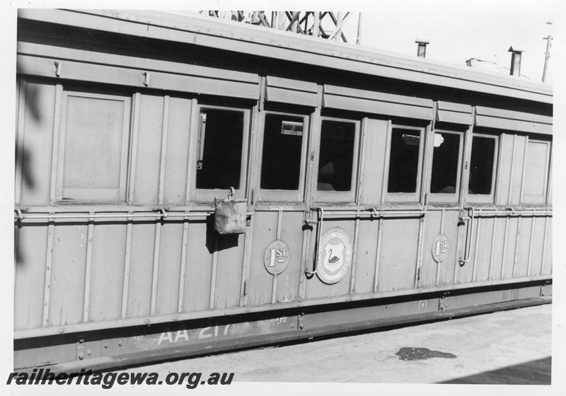 P06611
AA class 217,Bunbury Station, lead carriage on special passenger train for Perth. shows 1st class compartment and 