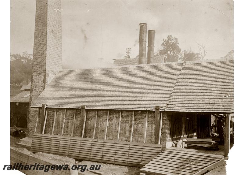 P06669
Mill, Jarrahdale, external view showing boiler chimney stacks
