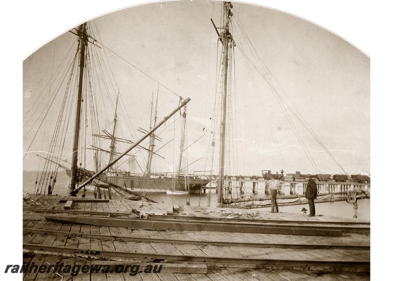 P06679
Sailing ship, jetty, Rockingham, loco 