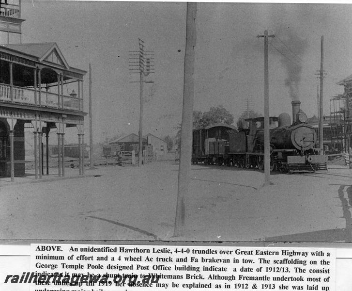 P06737
MRWA B class, MRWA's yard at Midland, train crossing Great Eastern Highway 
