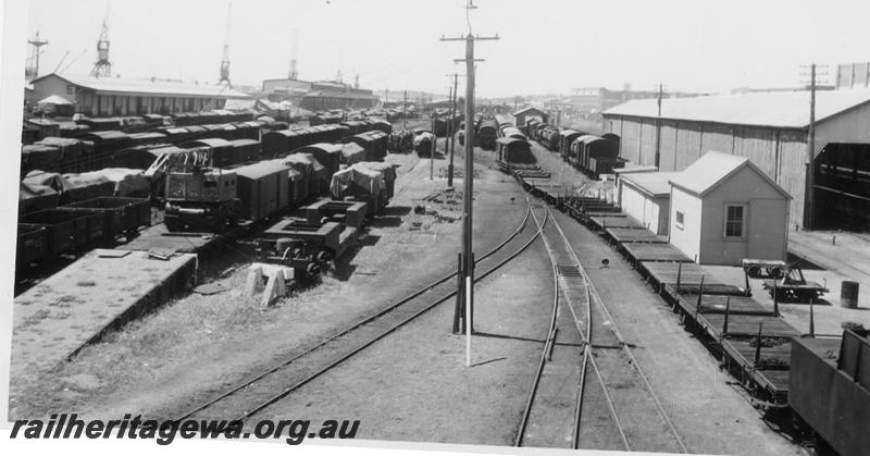 P06754
Yard, Fremantle, looking east, E shed and passenger terminal in background
