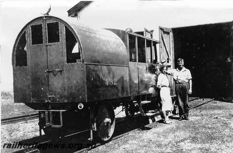 P06769
AI class 432 rail motor coach, rear view, at loco depot, Port Hedland, PM line, noted on the rear of the photo that the vehicle was nicknamed the 